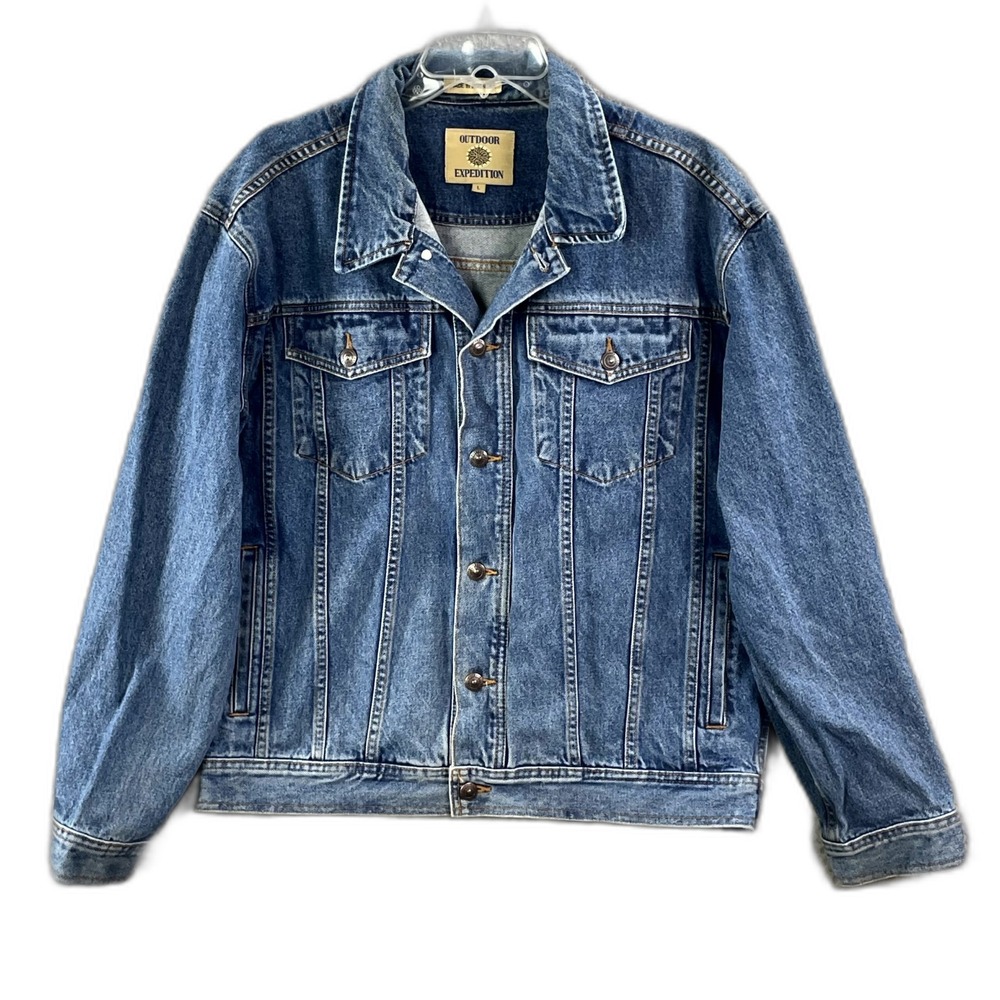 Outdoor Expedition Trucker Jacket Mens Large Denim Button Front Streetwear Surf